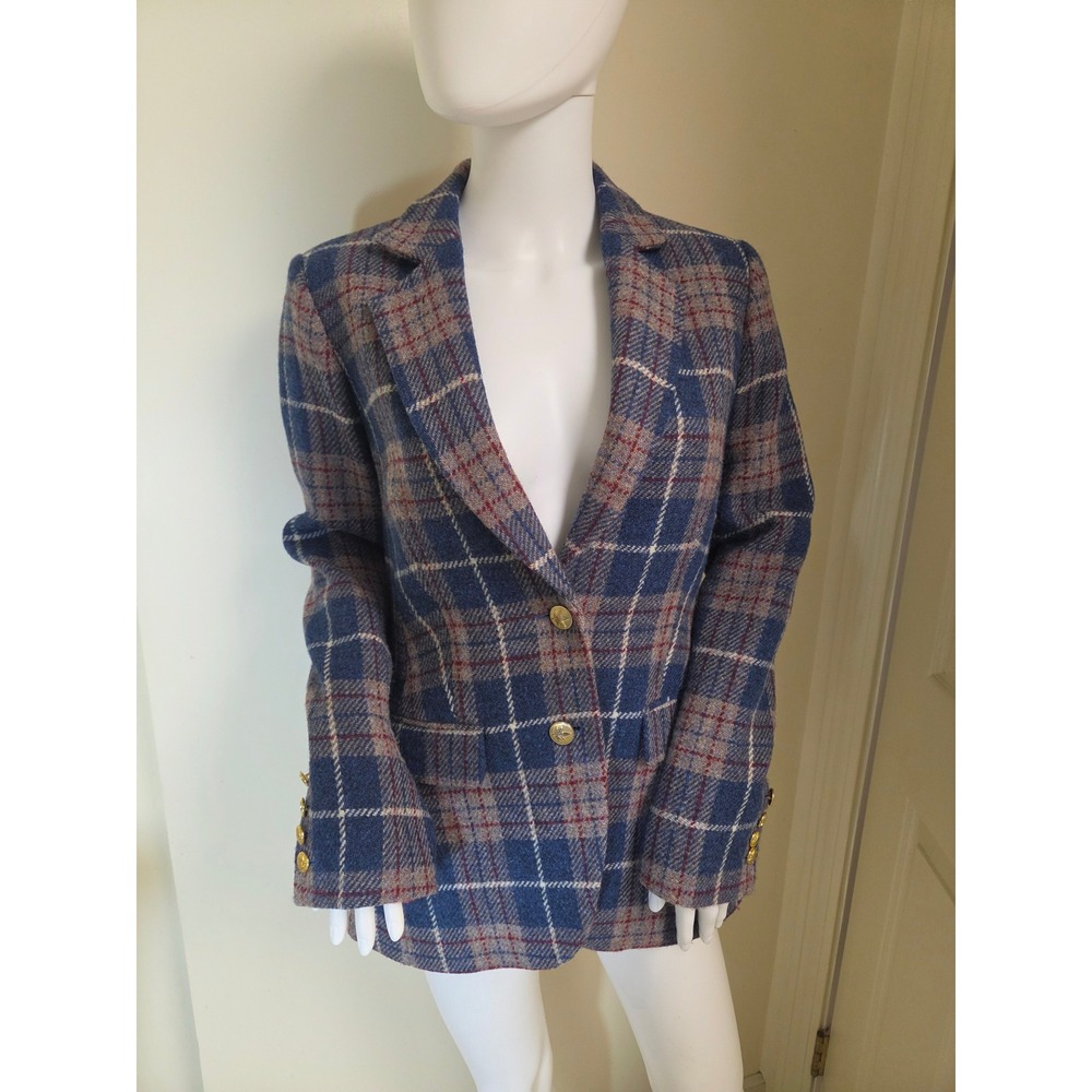 Boast Harris Tweed Wool Blazer Blue Plaid Gold Leaf Button Jacket Womens Small